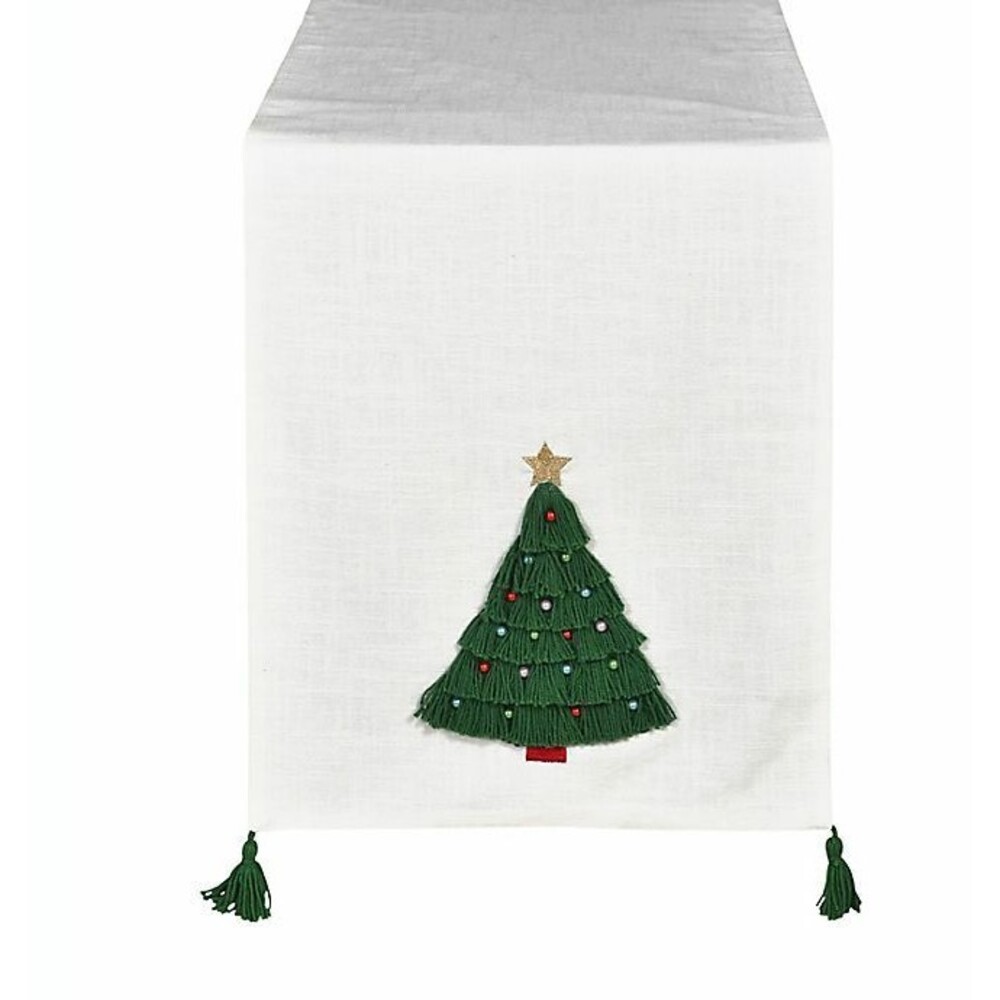 Christmas Evergreen Tree Table Runner  72x14" Tassel Embellished White Green